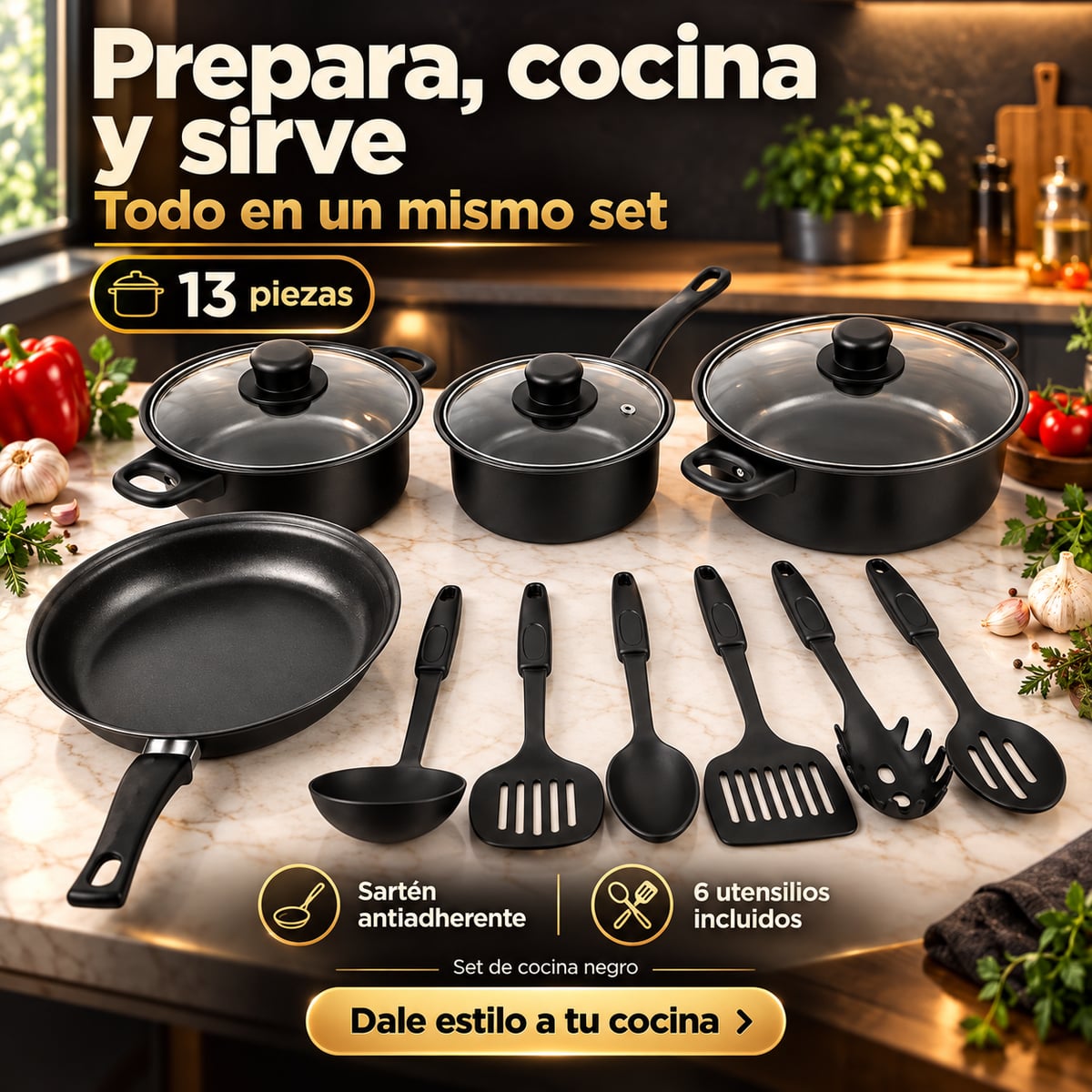 Set de Cocina Negro - 13 Piezas