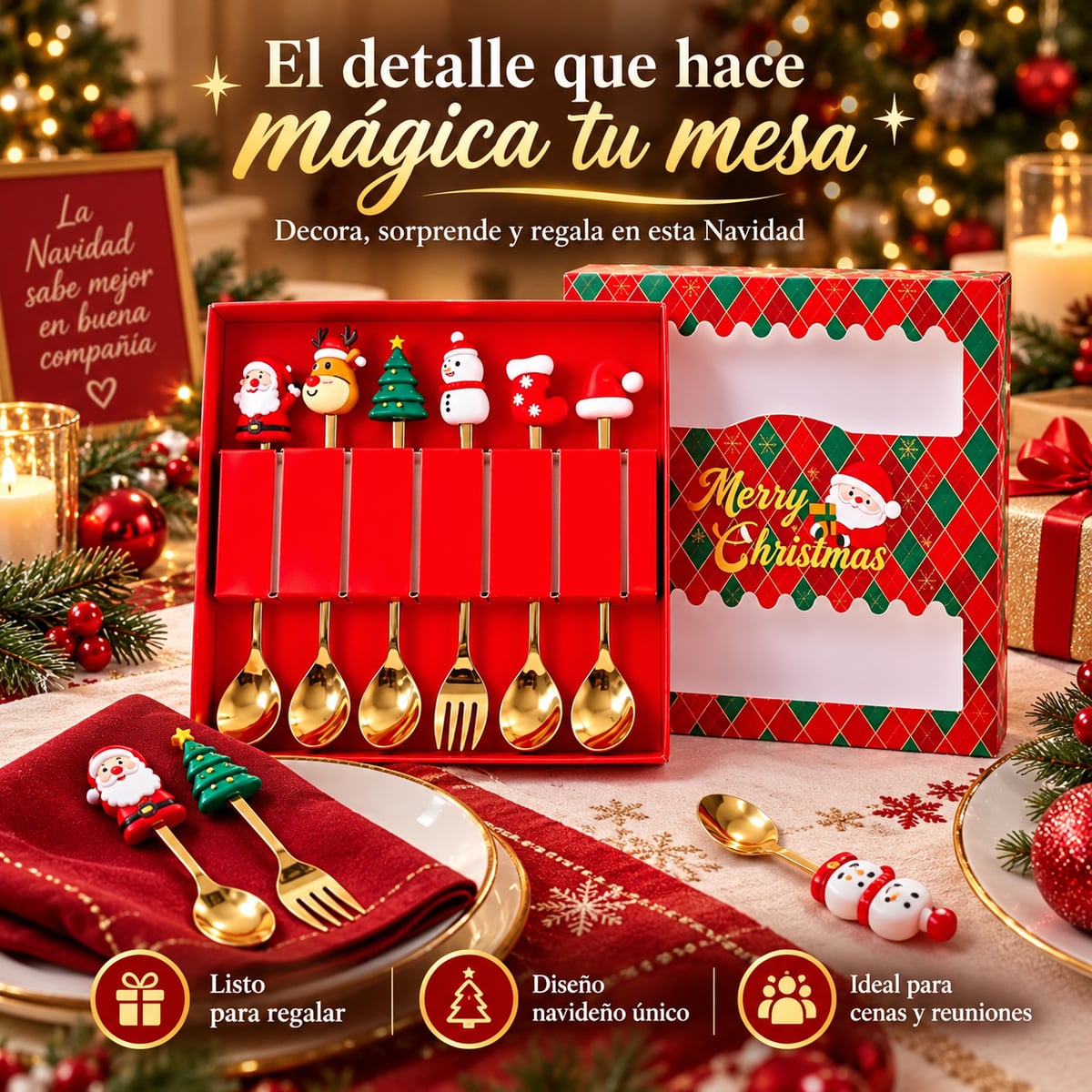 Set de cubiertos navideños dorados 🎅🎄