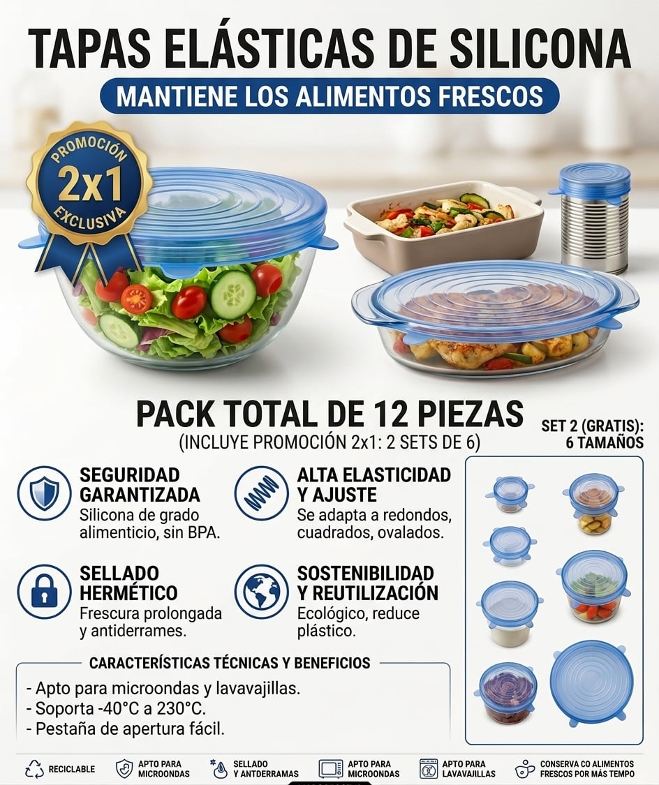 🔥 ¡Despídete del plástico desechable!🔥 ¡Pack 6 TAPAS, INFINITAS POSIBILIDADES! Cubre, Conserva Y Reutiliza. ✨PROMO 2X1✨