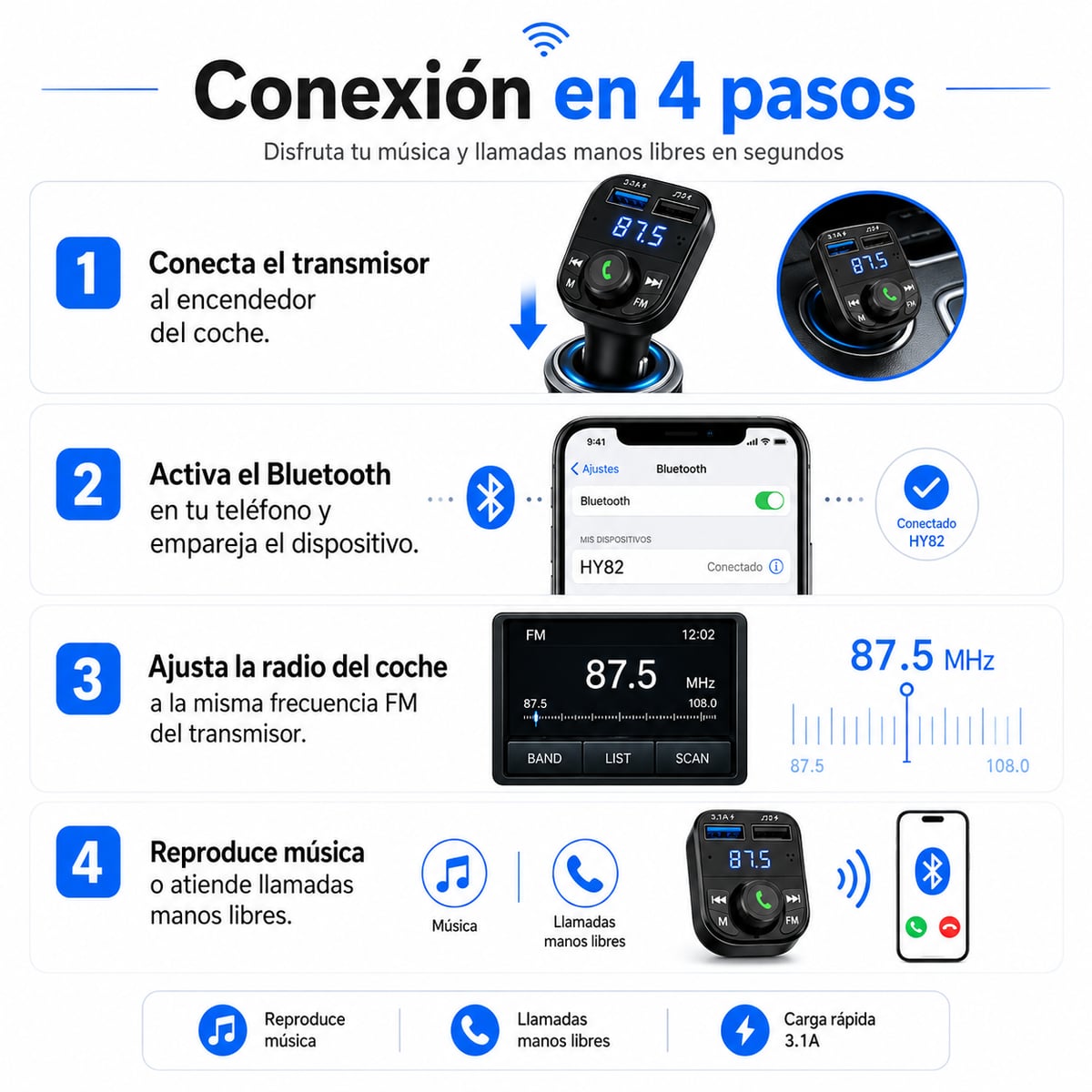 AutoConnect Bluetooth FM – Música, Llamadas Manos Libres y Carga USB