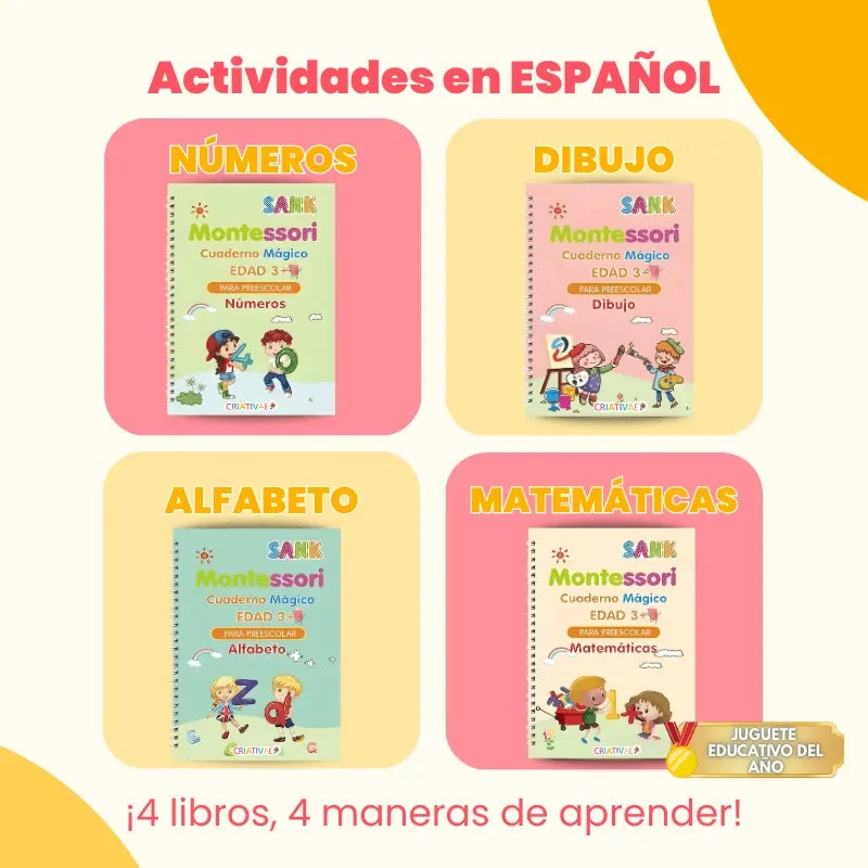 Kit de 4 Cuadernos Mágicos Reutilizables de Caligrafía para Niños con Alfabeto, Números, Matemáticas y Dibujo – Criativae