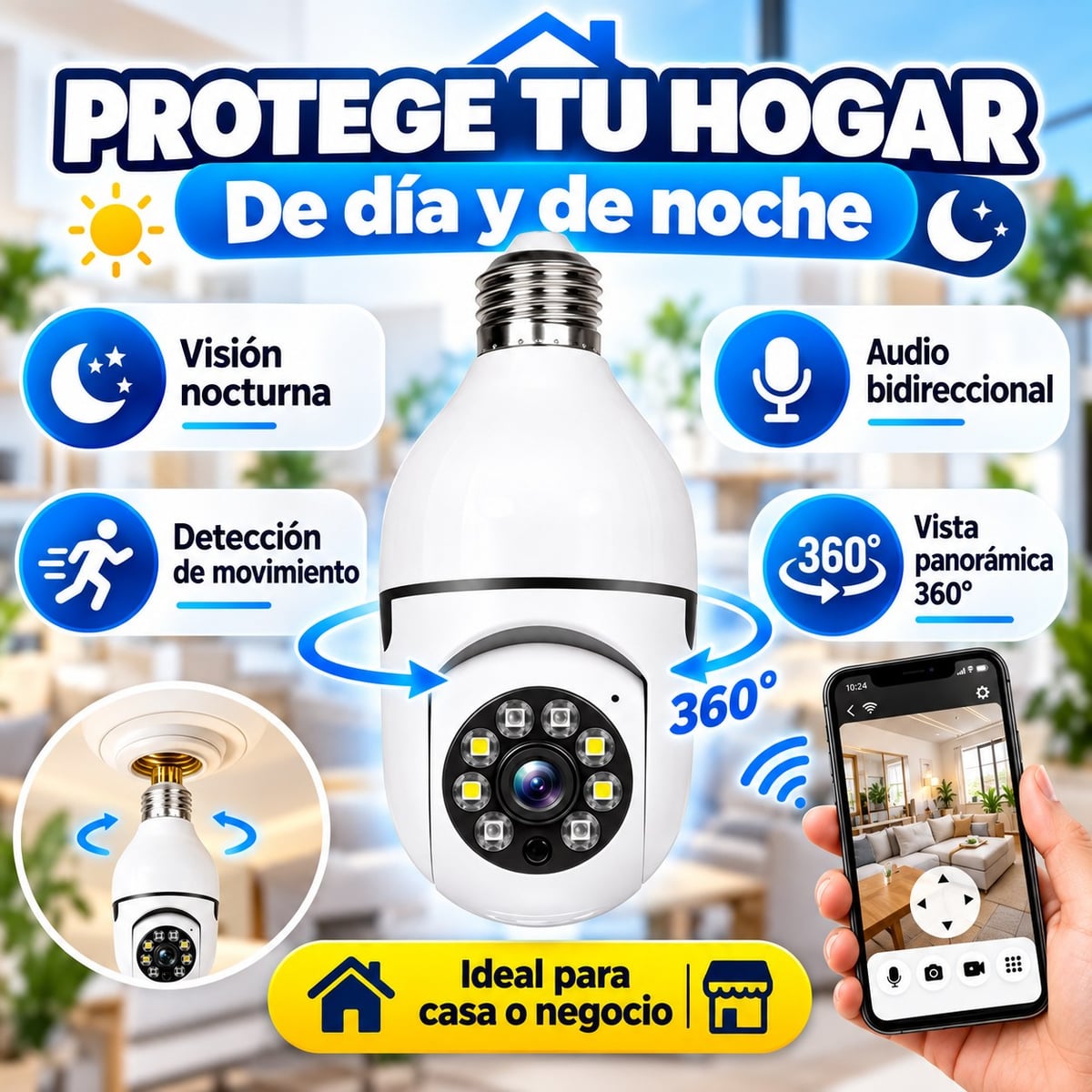 Cámara De Seguridad Wifi 360° Tipo Foco/bombilla