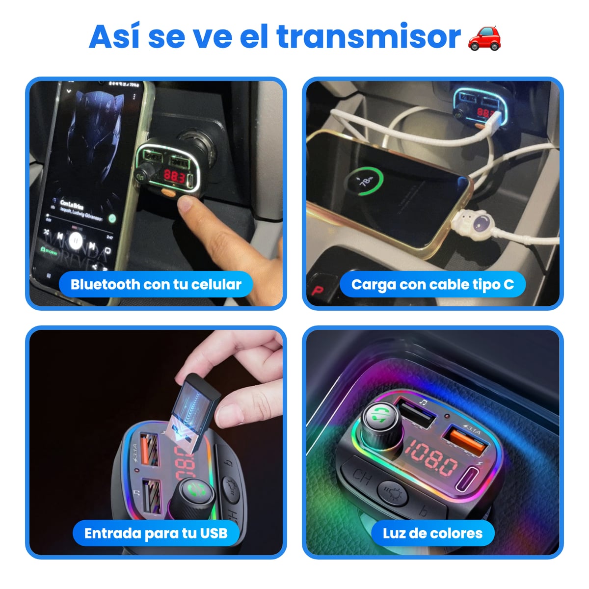 Transmisor Bluetooth y Cargador Tipo C - USB Carga rápida ✨