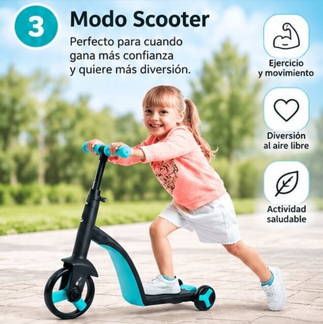 Scooter Infantil 3 en 1 🎁 con Diseño Convertible | ¡Tres Formas de Jugar!