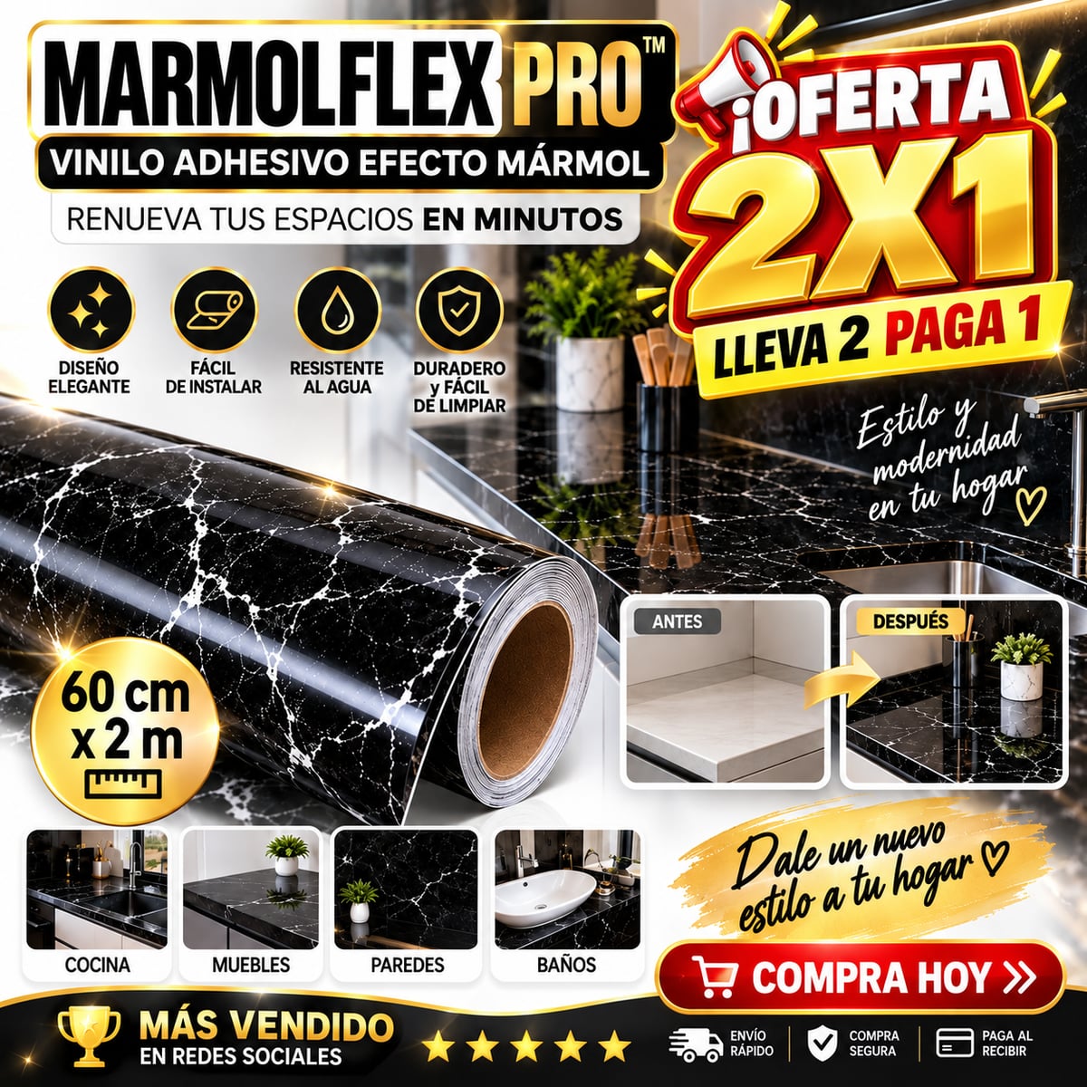 MármolFlex PRO™ 2x1 | Vinilo Adhesivo Mármol Negro