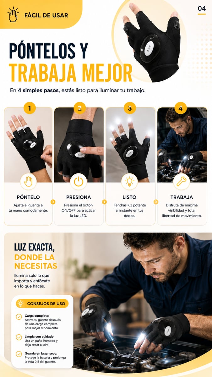 GUANTE CON LUZ LED🛠️🔦 Ilumina justo donde trabajan tus manos. PROMO2X1