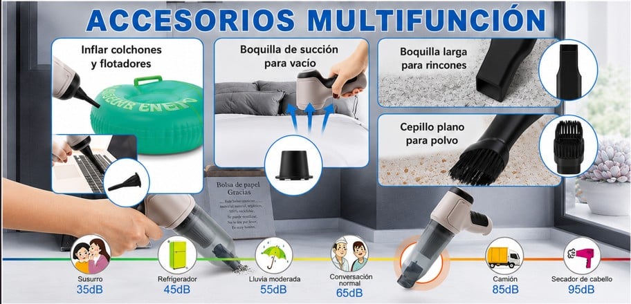 Mini Aspiradora 4 en 1 — Limpia tu auto, escritorio y teclado en segundos, sin cables y sin esfuerzo