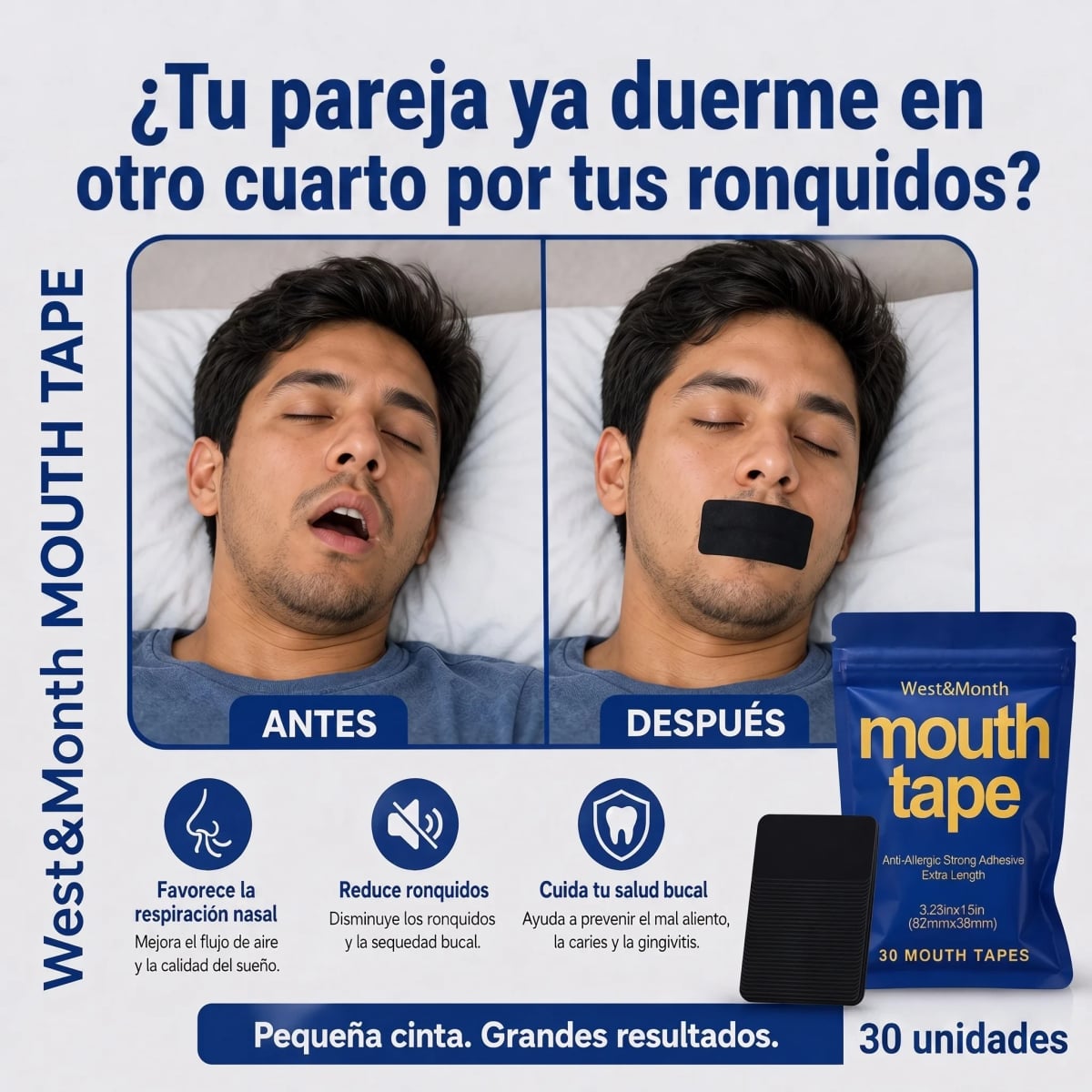 😴 CINTA BUCAL ANTIRRONQUIDOS - 30 UNIDADES