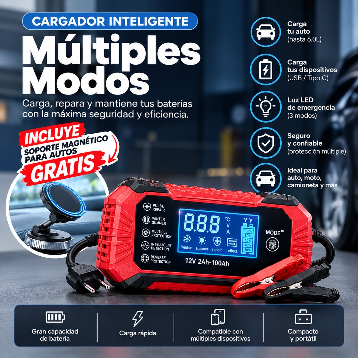 Arrancador Portátil De Baterías y Cargador + Soporte Magnetico para Carro de Regalo 🎁