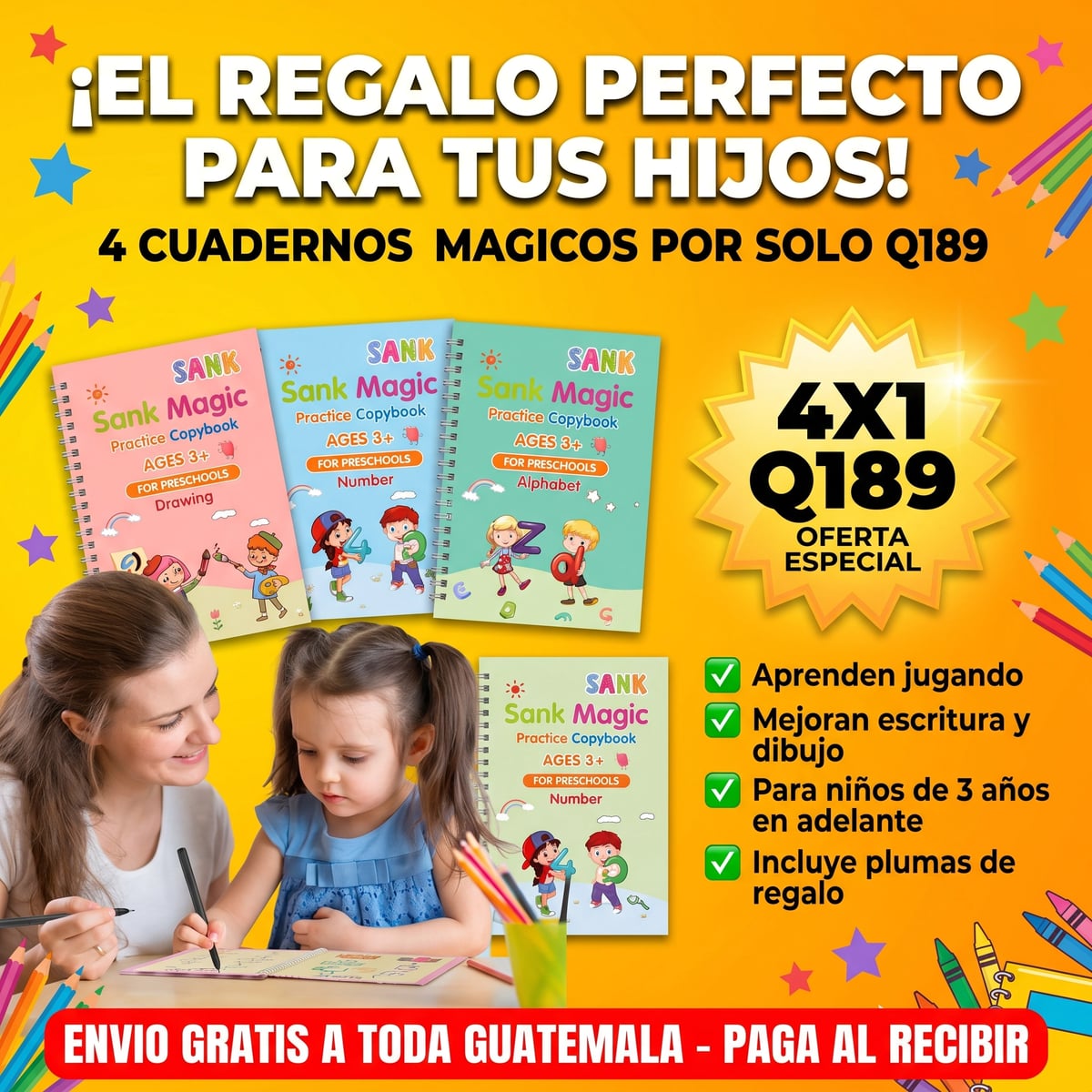 SANK MAGIC™ 4 Cuadernos Mágicos + 1 Bolígrafo Mágico + 8 Repuestos Gratis