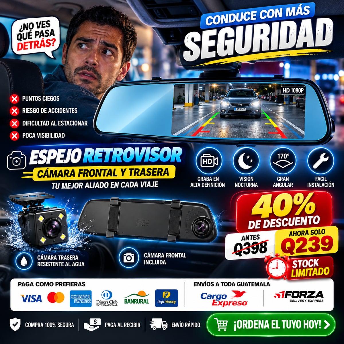 DRIVEVISION 360™ | ESPEJO RETROVISOR INTELIGENTE CON CÁMARA DELANTERA Y TRASERA HD + ENVIO GRATIS