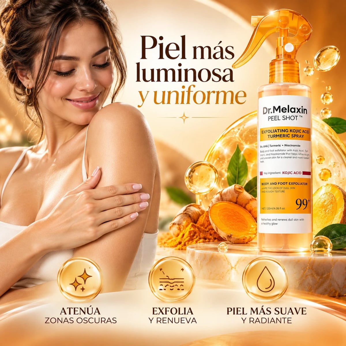 Dr. Melaxin PeelShot™ | Spray exfoliante corporal: atenúa manchas oscuras y suaviza tu piel sin esfuerzo