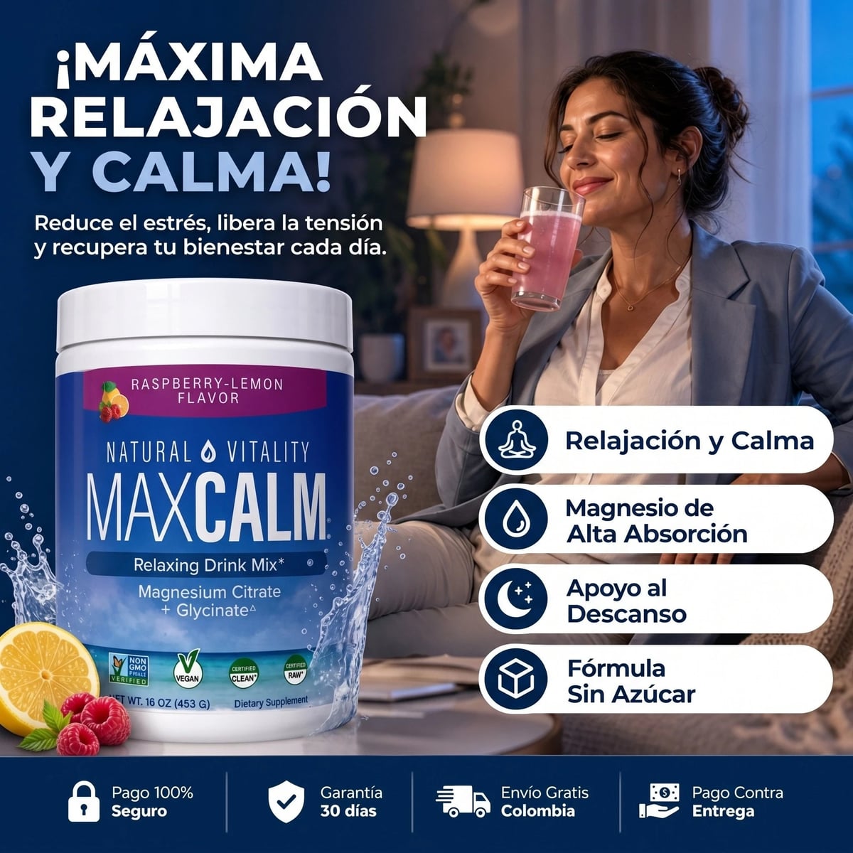 MAX CALM® Bebida Relajante de Magnesio Calma, descanso y bienestar en cada vaso, sabor frambuesa - limon