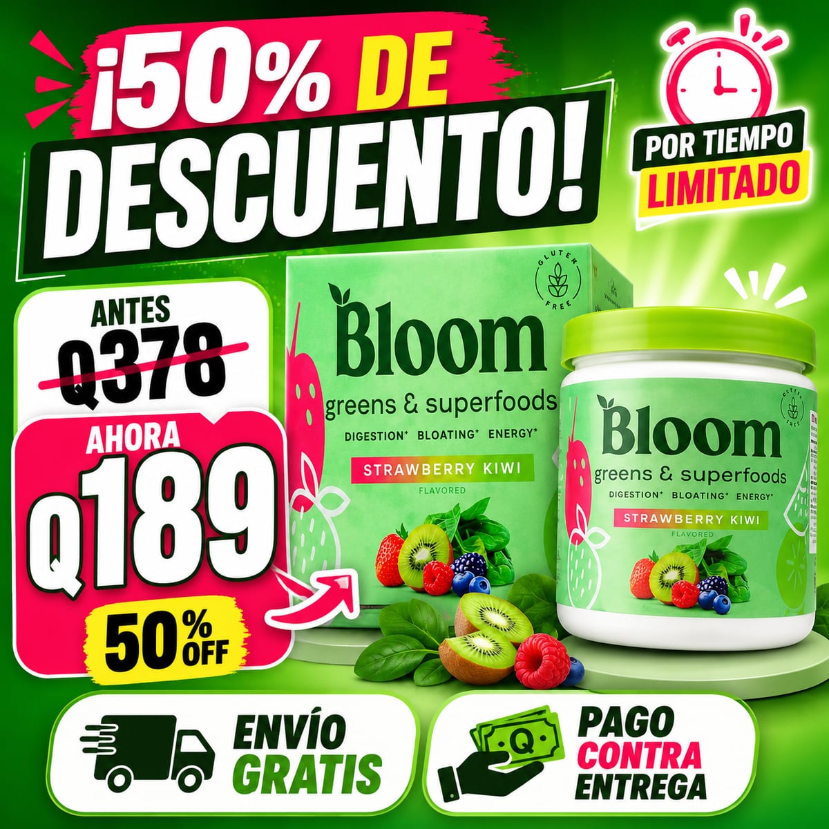 Bloom Greens & Superfoods Strawberry Kiwi + Envio Gratis