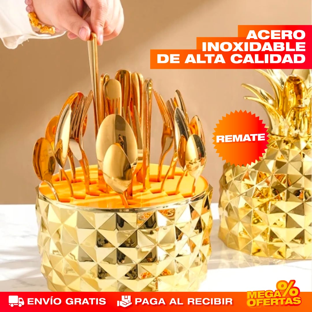 JUEGO DE CUBIERTOS 24 PIEZAS DORADO FORMA DE PIÑA