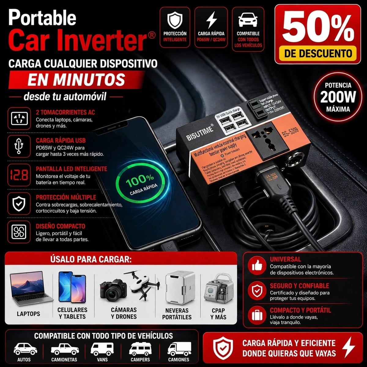Portable Car Inverter® Carga cualquier dispositivo en minutos desde tu automóvil