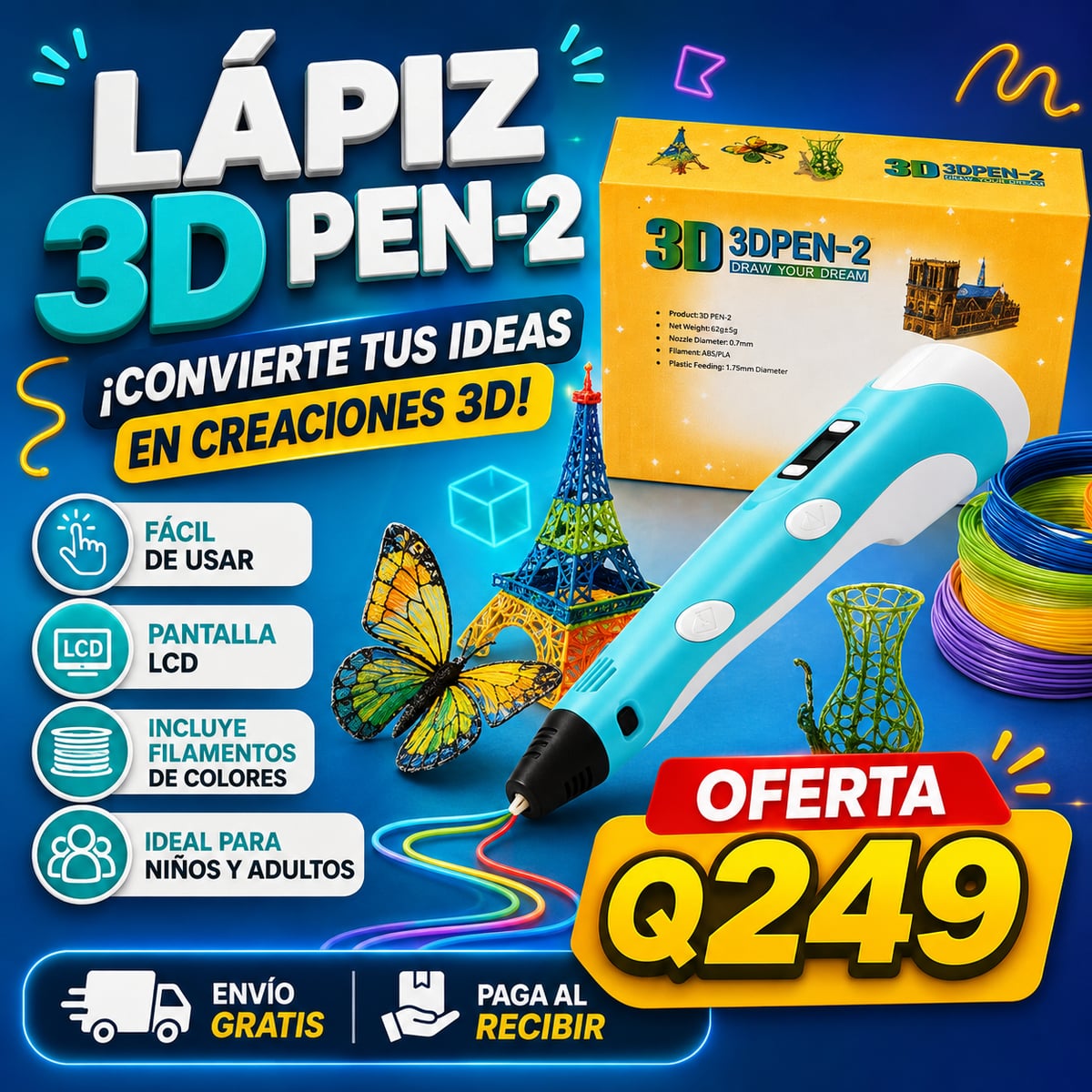 Bolígrafo Lápiz 3D Recargable Portátil  + Filamentos para crear🎨✏️