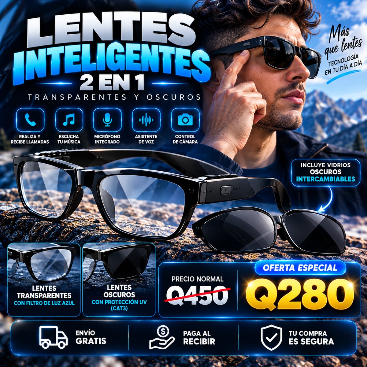 Lentes Inteligentes 2 en 1 – Audio Bluetooth + Lentes de Sol Intercambiables
