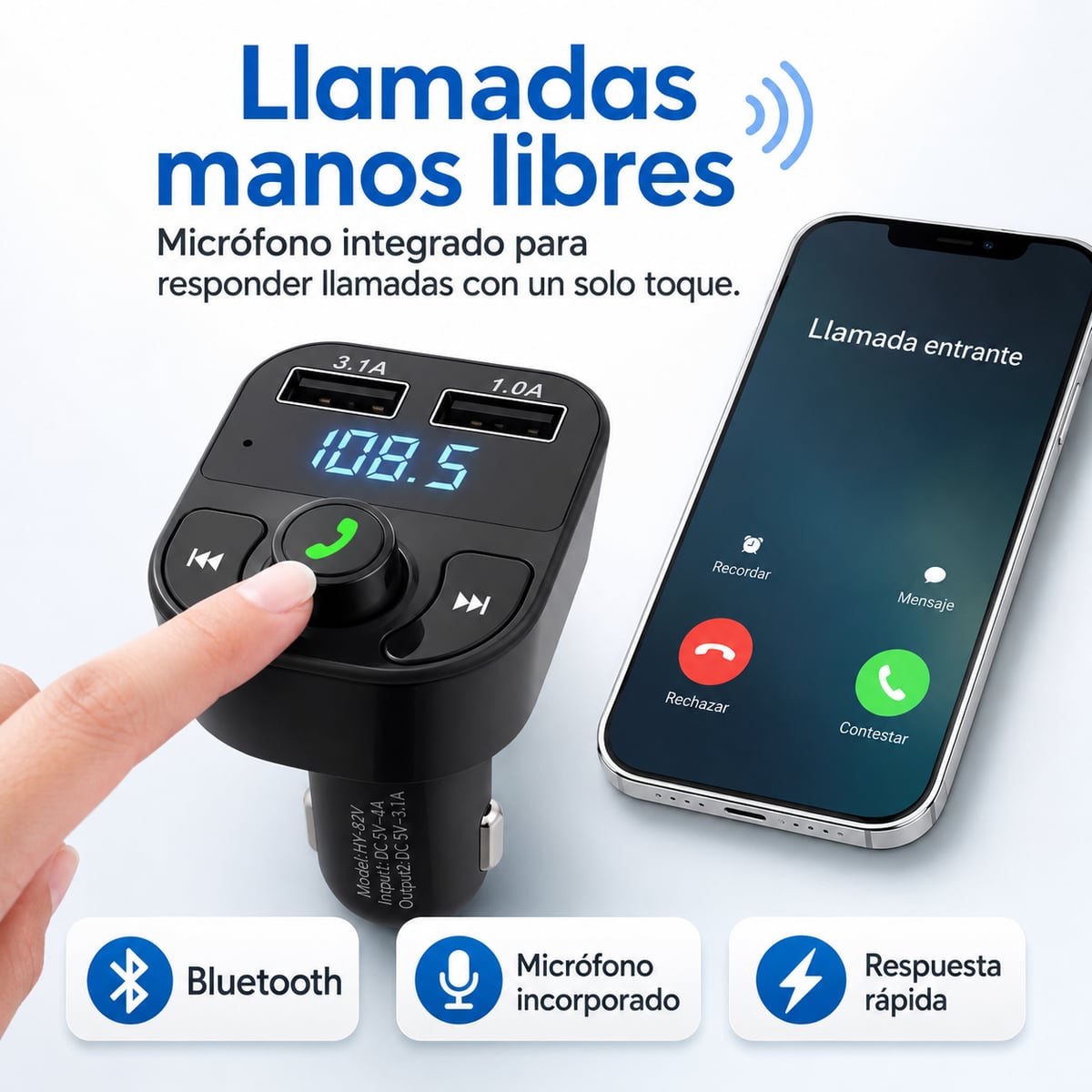 AutoConnect Bluetooth FM – Música, Llamadas Manos Libres y Carga USB