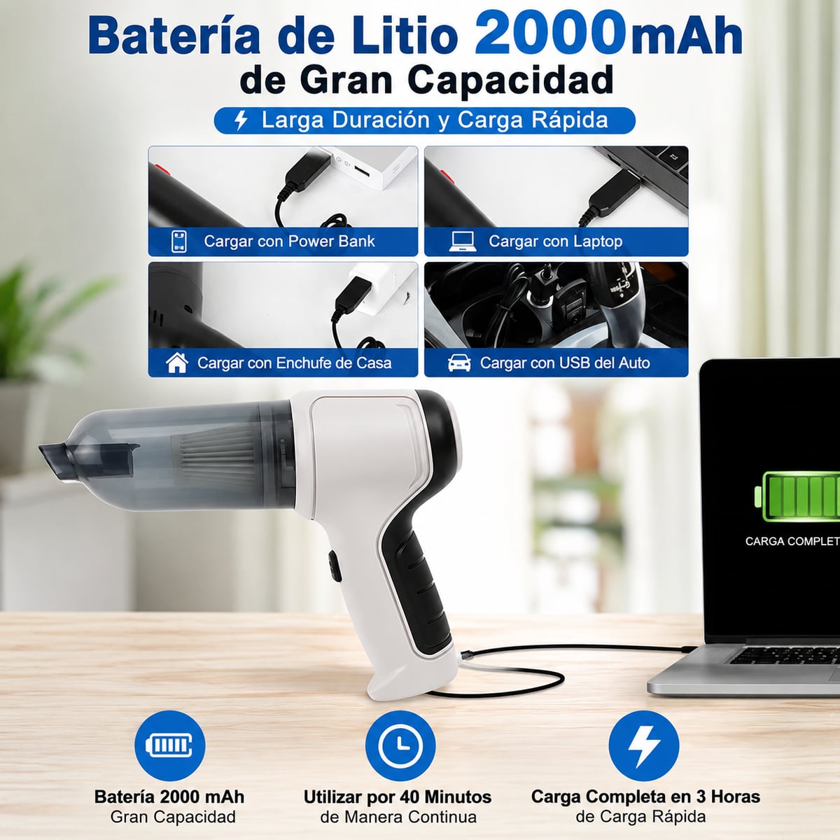 Mini Aspiradora 4 en 1 — Limpia tu auto, escritorio y teclado en segundos, sin cables y sin esfuerzo