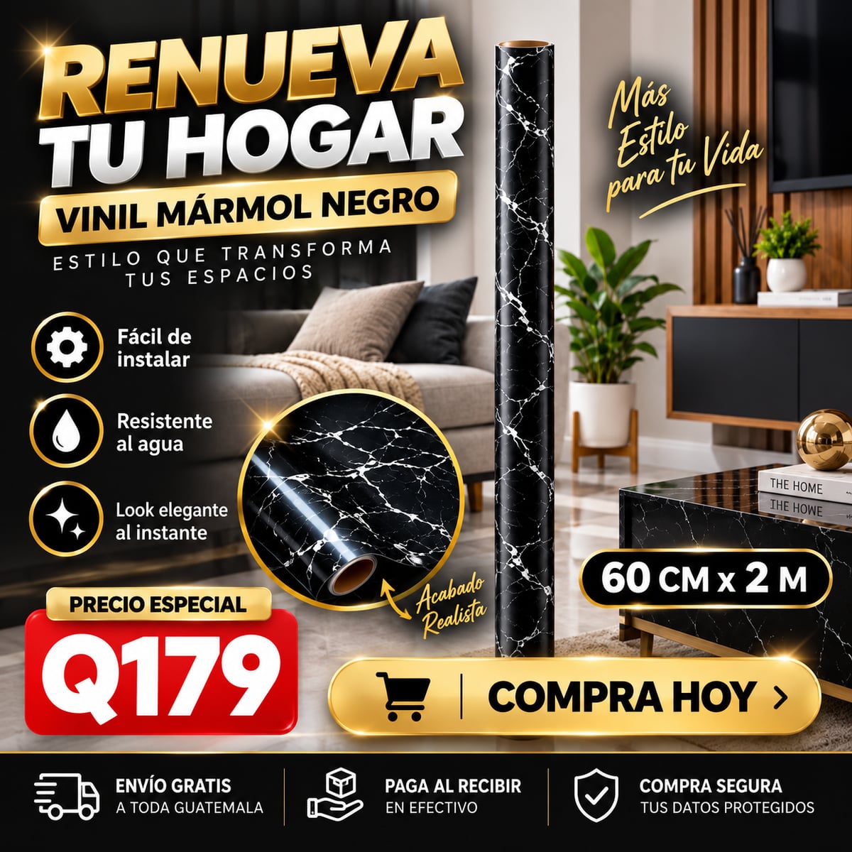 Últimas Unidades | MármolFlex PRO™ | Vinilo Adhesivo Mármol Negro | Envío Gratis