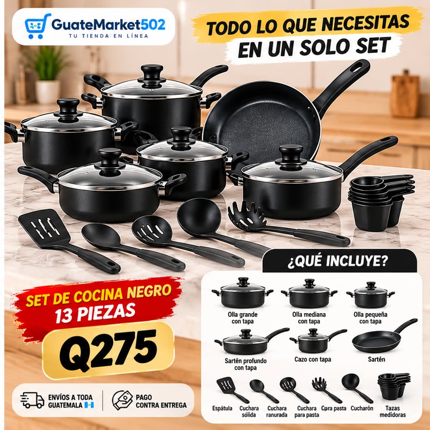 🥘 Juego Set de Cocina Negro 🍳 13 Piezas con Utensilios 🧑‍🍳🖤
