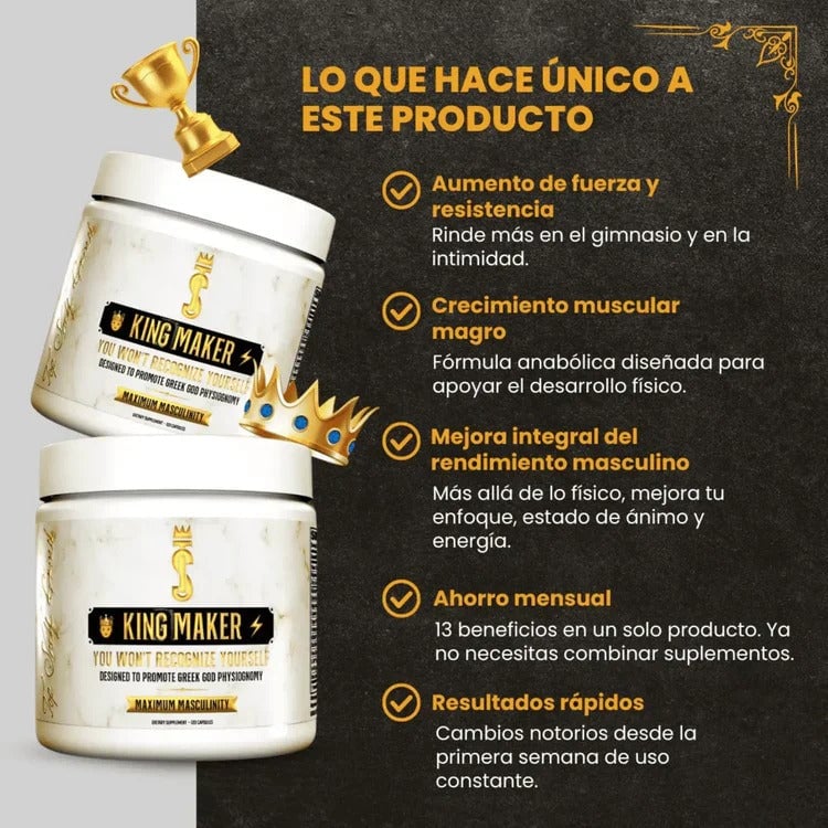 💪🔥 King Maker™ – Suplemento con Tongkat Ali, Turkesterona, Ecdisterona, Fadogia Agrestis, betarraga roja, maca negra y zinc (13 en 1) 👑⚡️