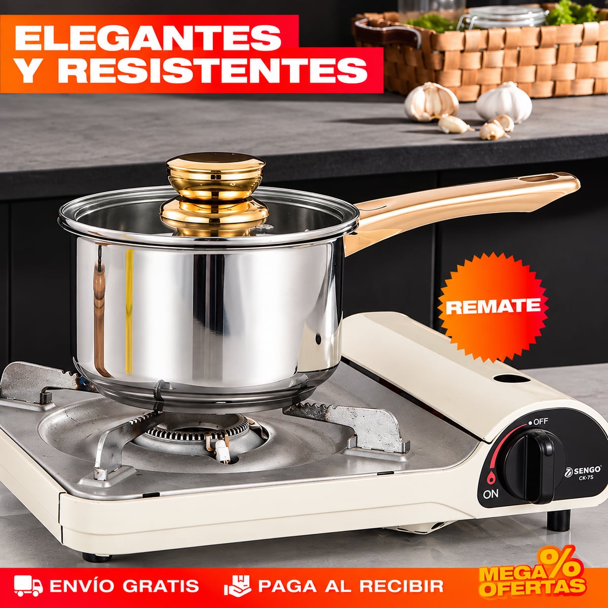 Juego 12 Piezas de Ollas y Sartenes de Acero Inoxidable con Detalles Dorados – Set de Utensilios de Cocina de REGALO 🎁