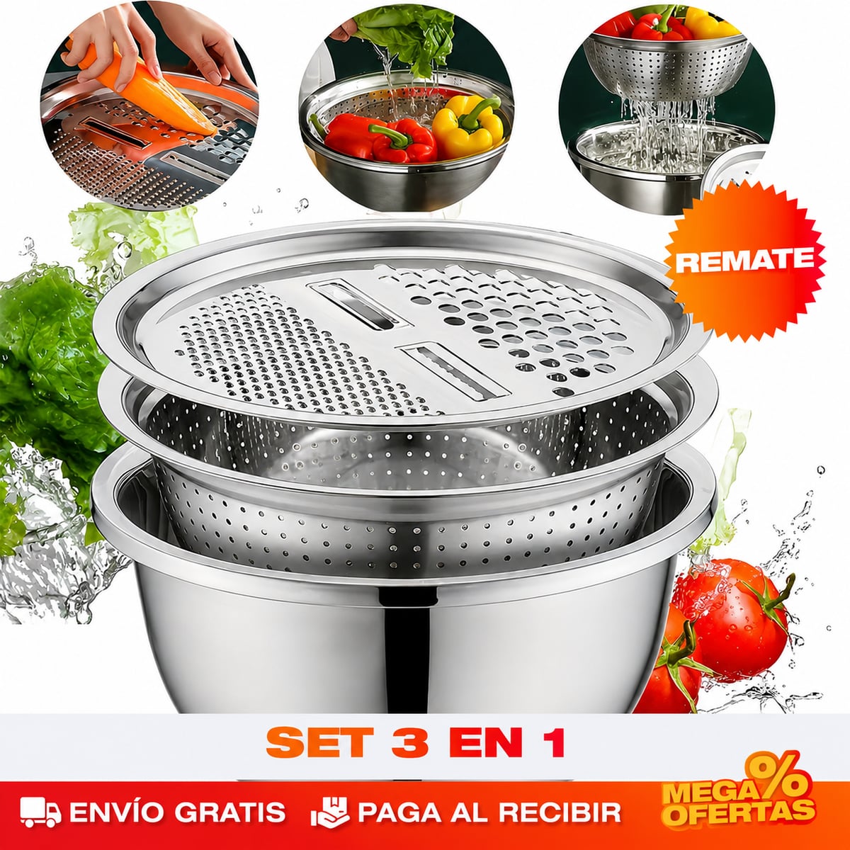Tazón Rallador 3 en 1 Acero Inoxidable