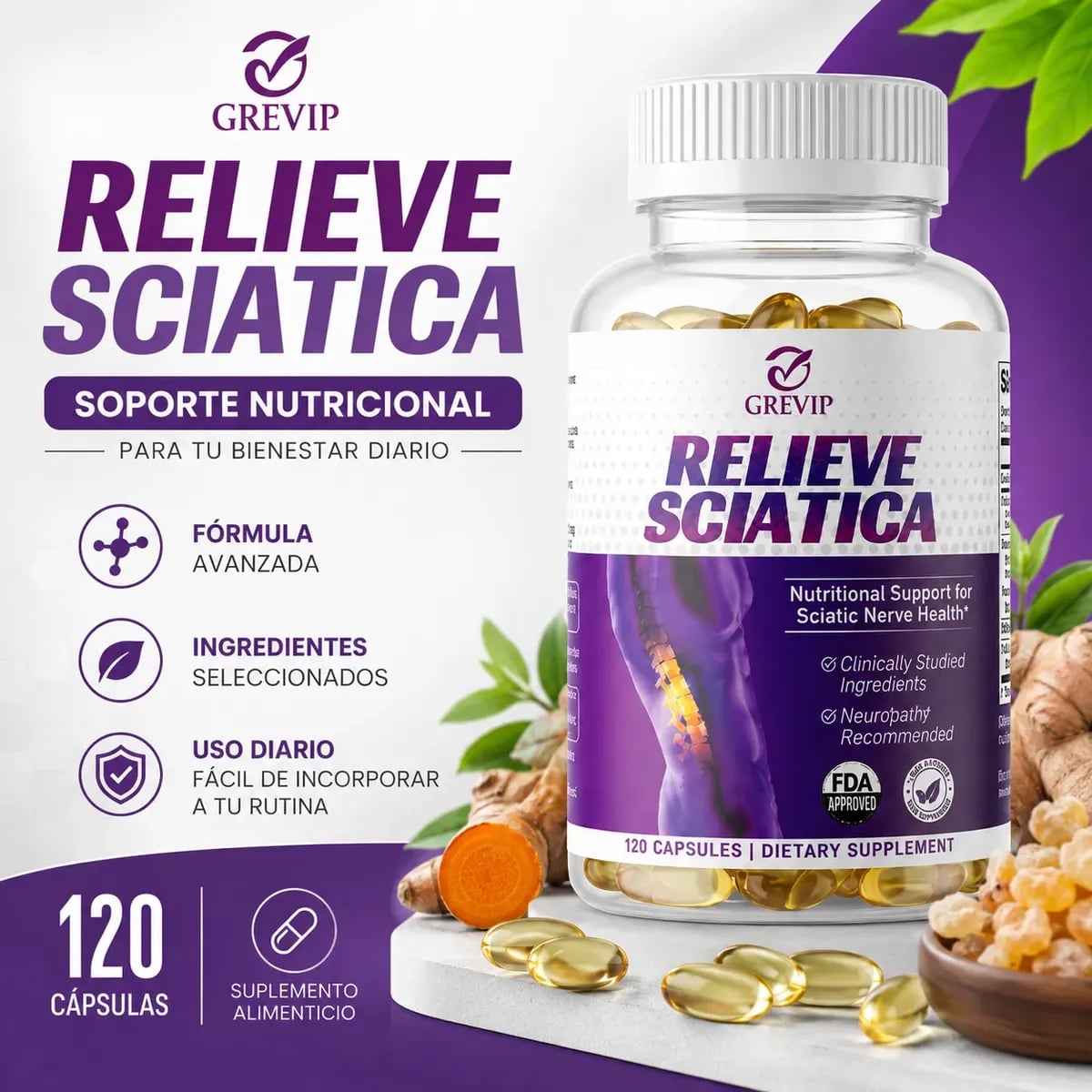 RECUPERA TU MOVILIDAD Y TU FUERZA - CÁPSULAS RELIEVE SCIATICA (60 Cápsulas) + ENVÍO GRATIS