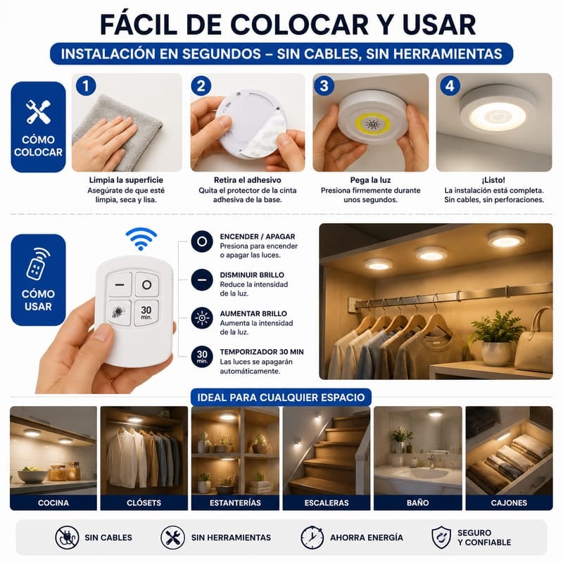 Kit de 3 Luces LED Inalámbricas con Control Remoto – Ilumina Cualquier Rincón de Tu Hogar