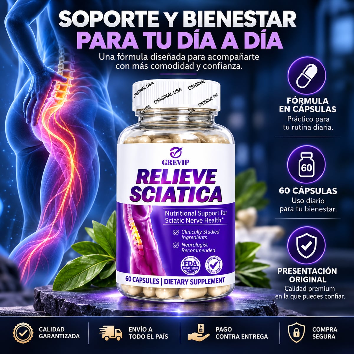 ⭐RELIEVE SCIATICA 60 CAP🦵 Más Comodidad para tu Espalda y Piernas en Cada Paso⭐ Para Esos Días en que Estar de Pie, Caminar o Sentarte se Vuelve Incómodo. ENVIO GRATIS