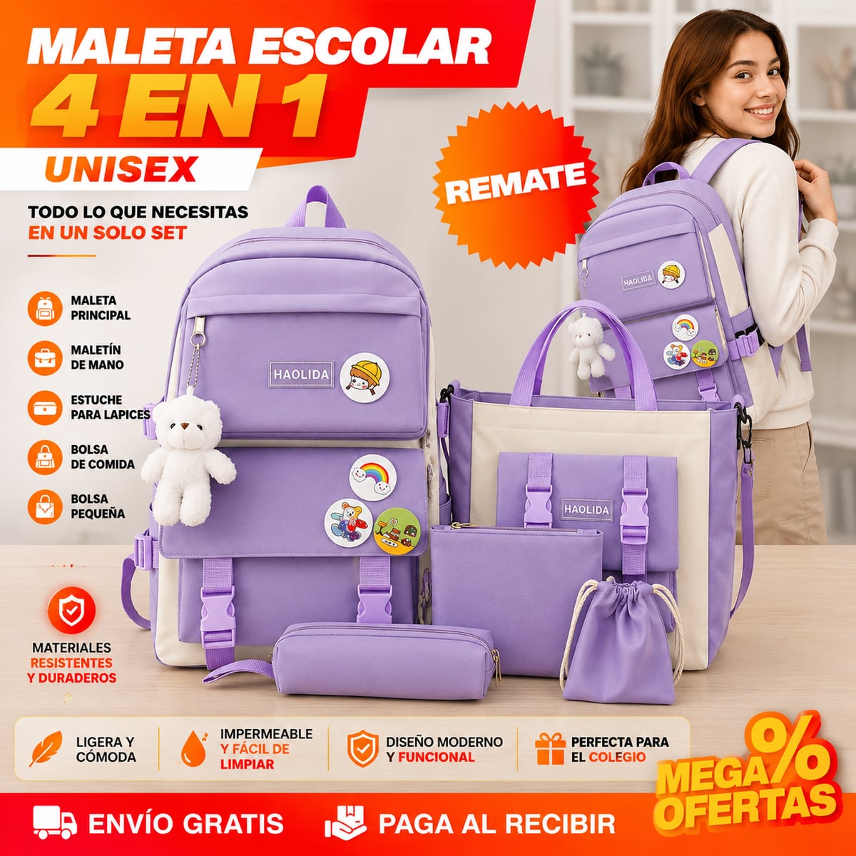 Maleta Escolar Lila Tendencia – Set 4 en 1