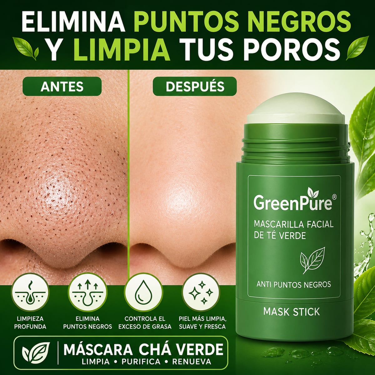 ULTIMAS UNIDADES - GreenPure® - Mascarilla Facial de Té Verde Anti Puntos Negros + ENVÍO GRATIS 🎁