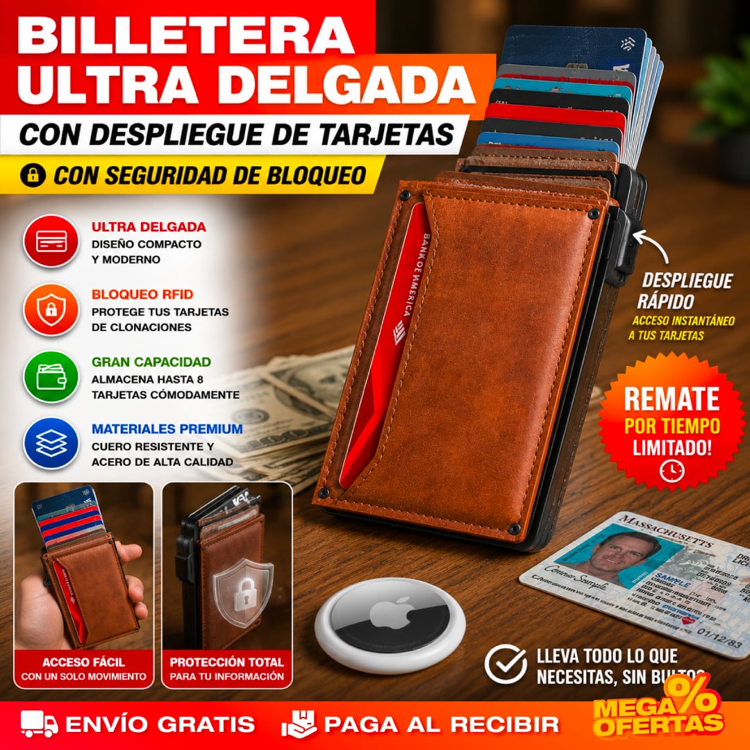 Billetera Slim con Despliegue de Tarjetas y Bloqueo RFID – Saca tus Tarjetas al Instante Sin Bulto