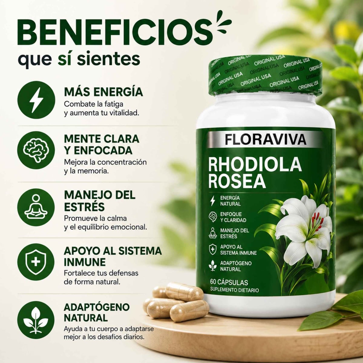60 Capsulas Floraviva Rhodiola Rosea | Energía, Enfoque y Equilibrio Diario