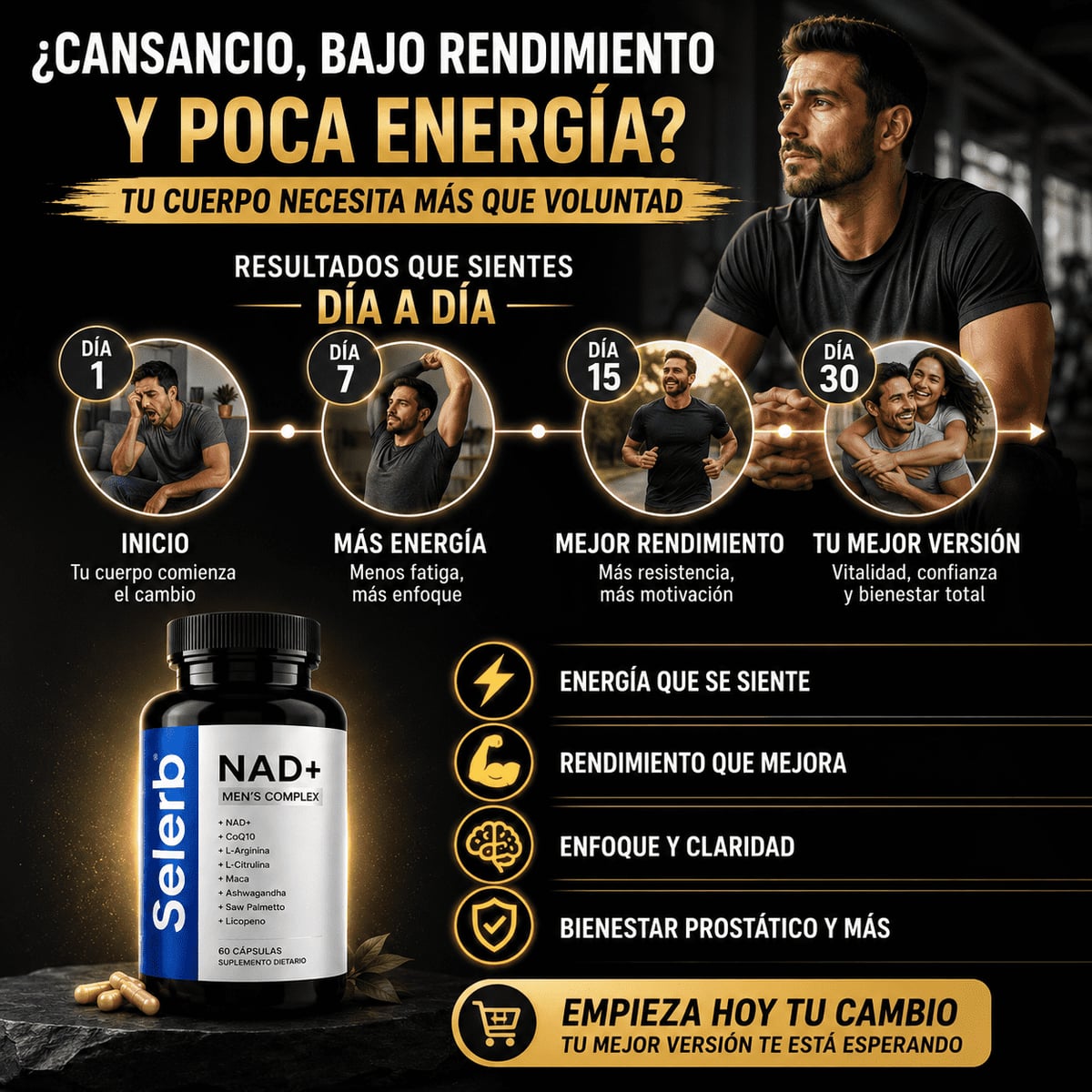 Selerb NAD+® Energía Celular, Soporte Prostático y Rendimiento Masculino, No esperes más, mejora tu rendimiento diario ahora aprovecha la oferta llevas 2 x tan solo 208 Quezales