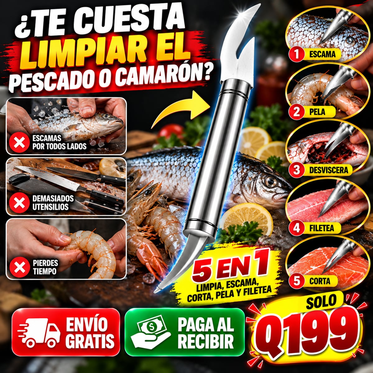 Pelador de Camarones 5 en 1 | Limpia y Prepara Mariscos Fácilmente