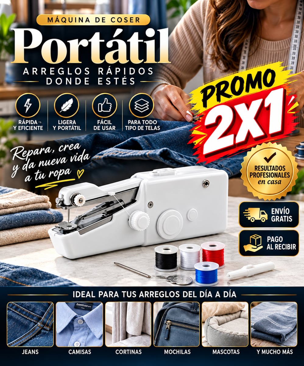 🔥🧵 ¡PROMO 2X1! LLEVA 2 MÁQUINAS DE COSER PORTÁTILES POR EL PRECIO DE 1 ⚡😍 🔋✂️ ¡COSE DONDE QUIERAS SIN DEPENDER DE UN ENCHUFE! Arregla prendas, realiza pequeños proyectos y haz tus reparaciones de forma más práctica desde casa o donde lo necesites.