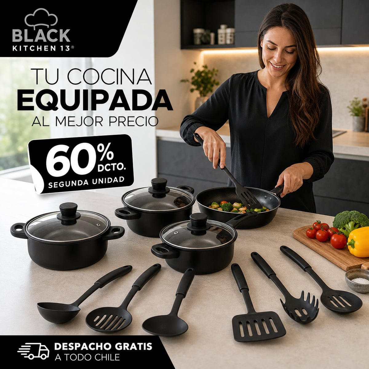BLACK KITCHEN 13® SET COMPLETO DE COCINA — 13 PIEZAS ¡TU COCINA EQUIPADA AL MEJOR PRECIO!