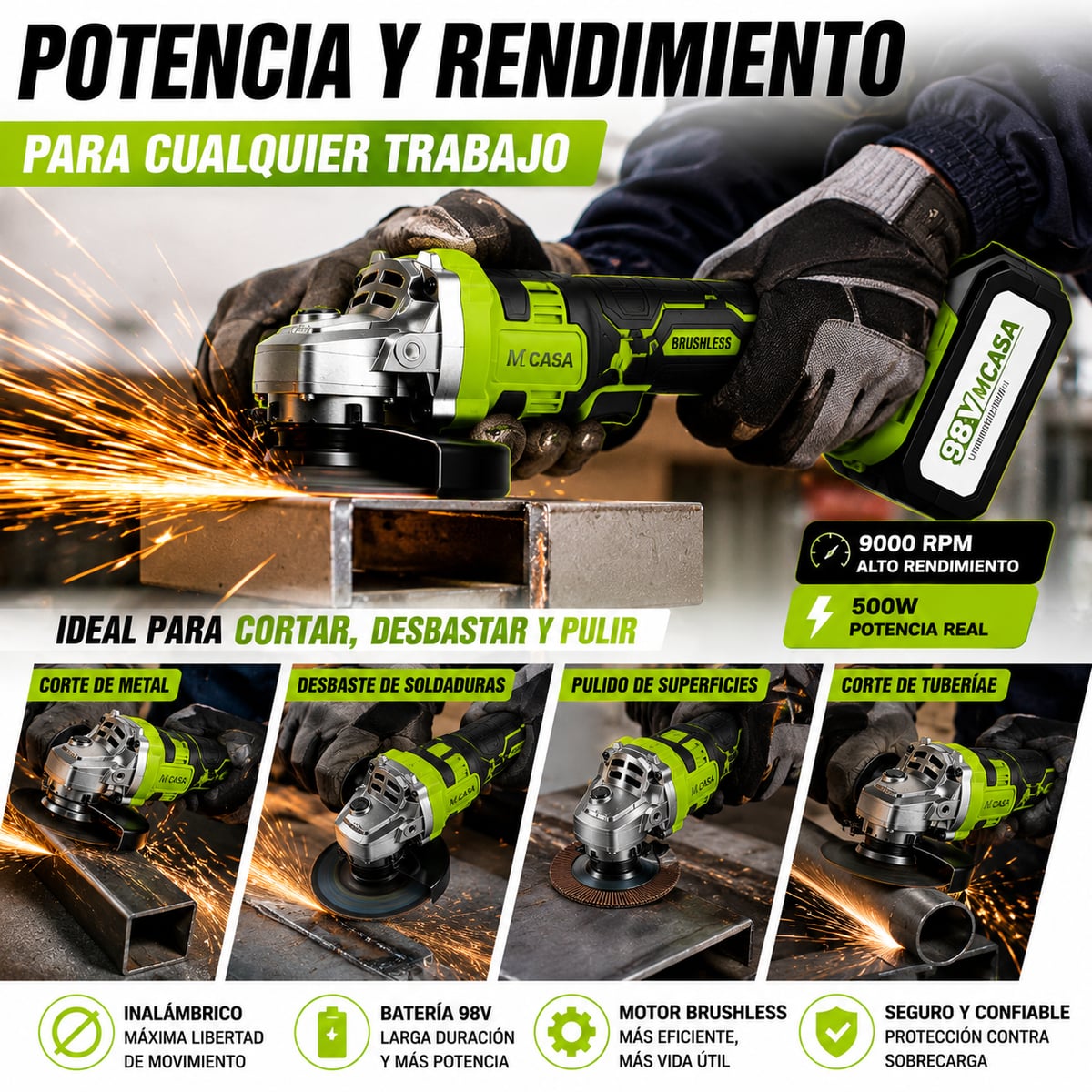 Esmeril Inalámbrico MCASA™ 500W + 2 Baterías Litio 98V + GRATIS CAJA DE LLAVES DE 46 PIEZAS 🎁