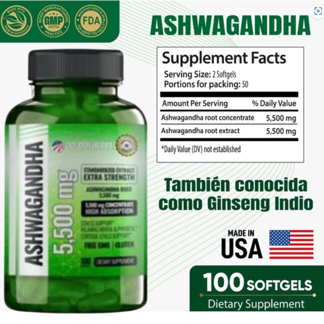 ASHWAGANDHA AMERICANO | ALTA CONCENTRACIÓN | 5500 mg | 100 Cápsulas