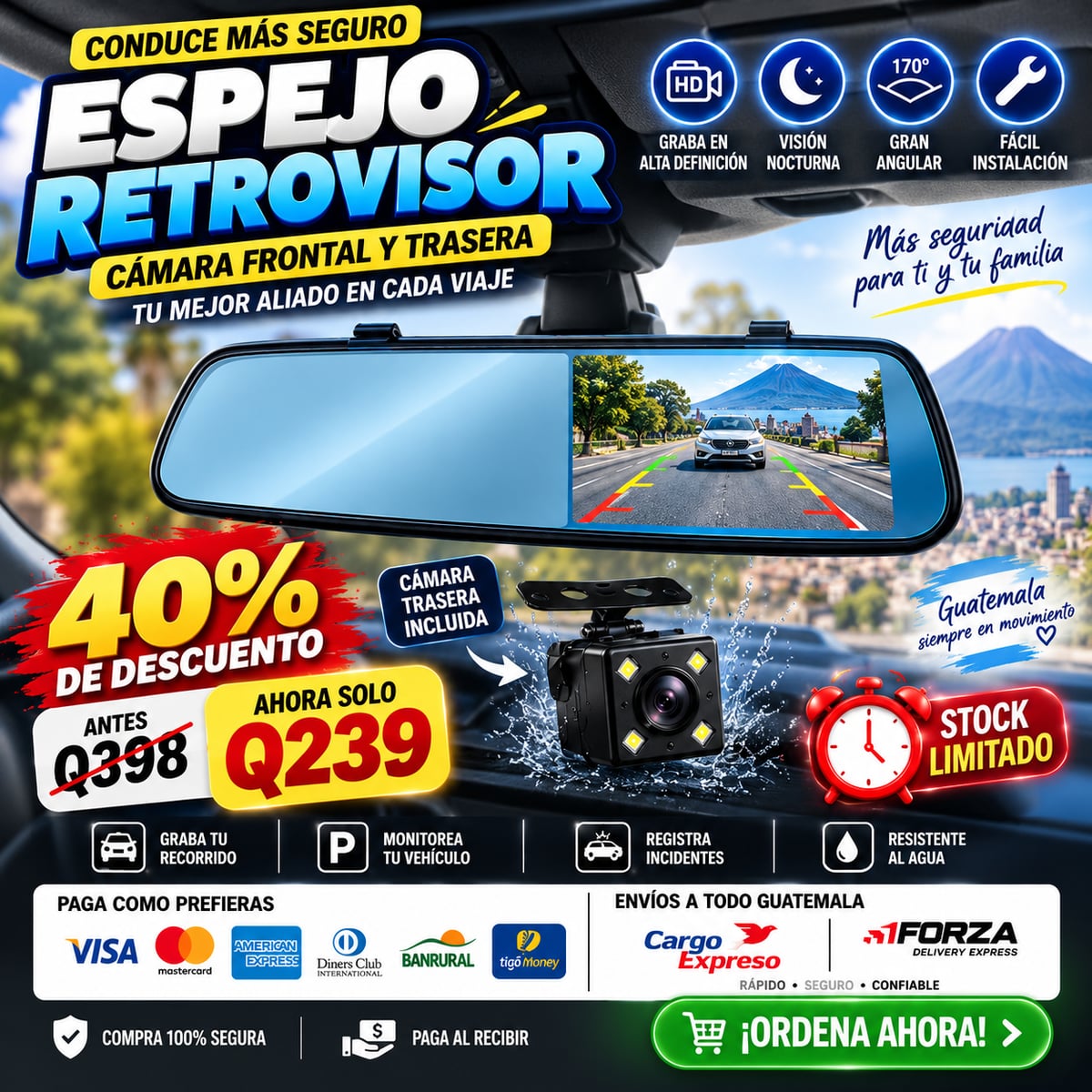 DRIVEVISION 360™ | ESPEJO RETROVISOR INTELIGENTE CON CÁMARA DELANTERA Y TRASERA HD + ENVIO GRATIS