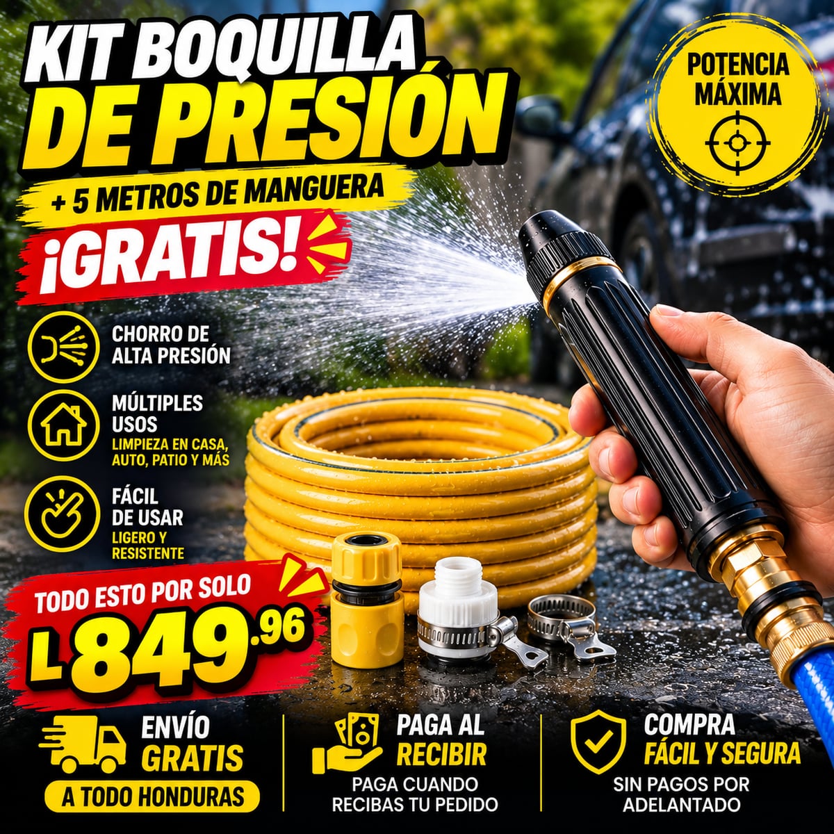 Kit Boquilla de Presión Pro™ + 5 Metros de Manguera GRATIS