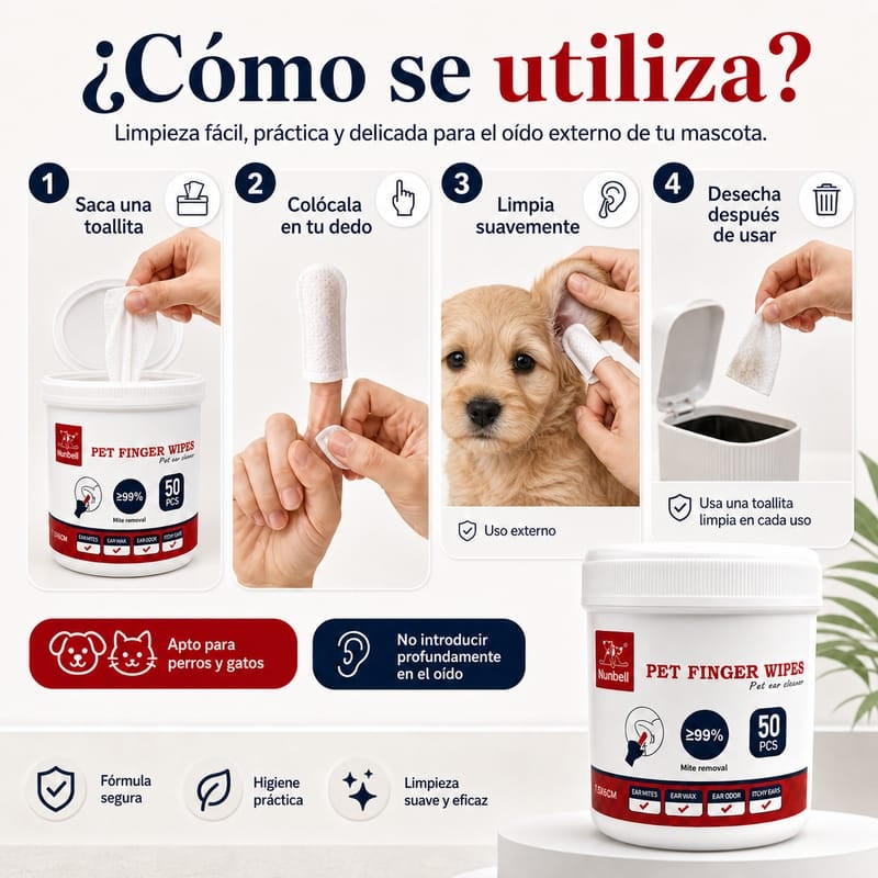 Toallitas tipo dedal para limpieza de oídos y boca para  mascotas