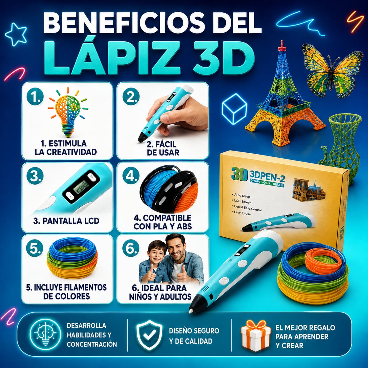 Bolígrafo Lápiz 3D Recargable Portátil  + Filamentos para crear🎨✏️