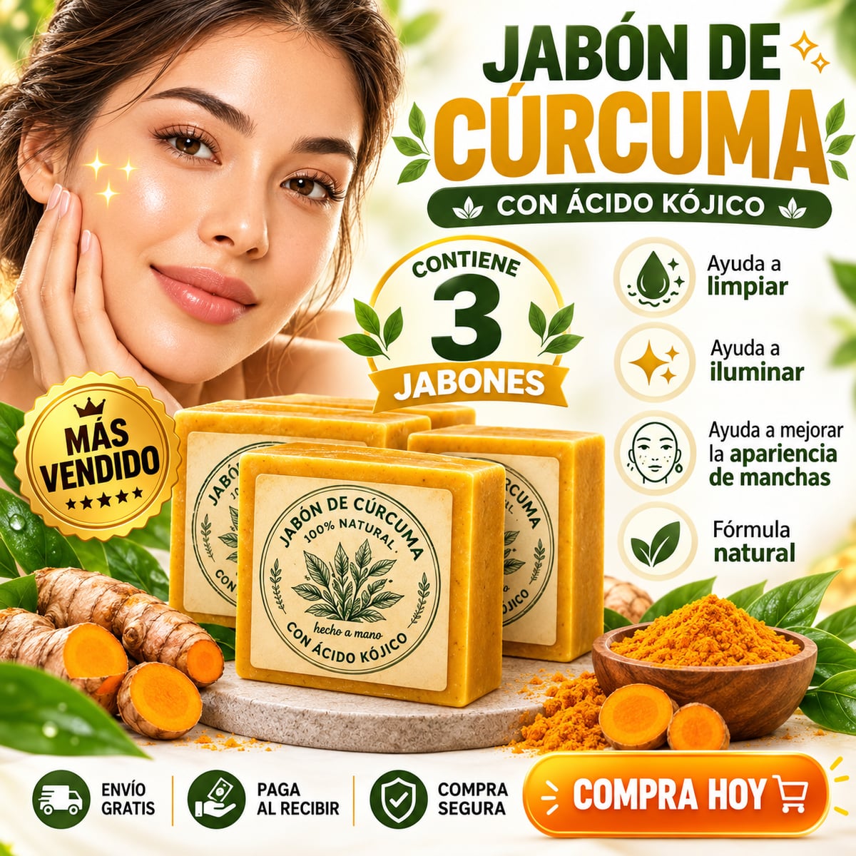 Trío de Jabones de Cúrcuma y Ácido Kójico ✨ | Piel Limpia, Luminosa y de Tono Más Uniforme