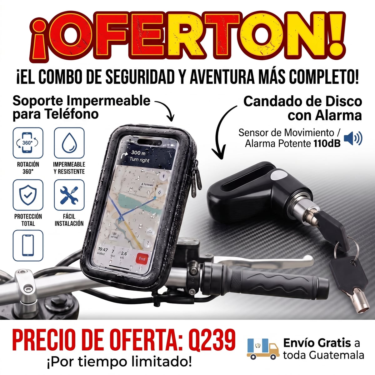 CANDADO DE DISCO con ALARMA + SOPORTE DE CELULAR (REGALO) + ENVIO GRATIS = Protección Total