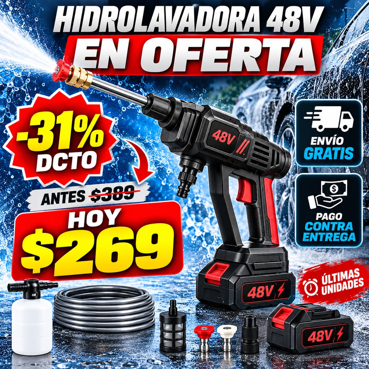 Hidrolavadora Inalámbrica 48V – Limpieza Potente Sin Cables