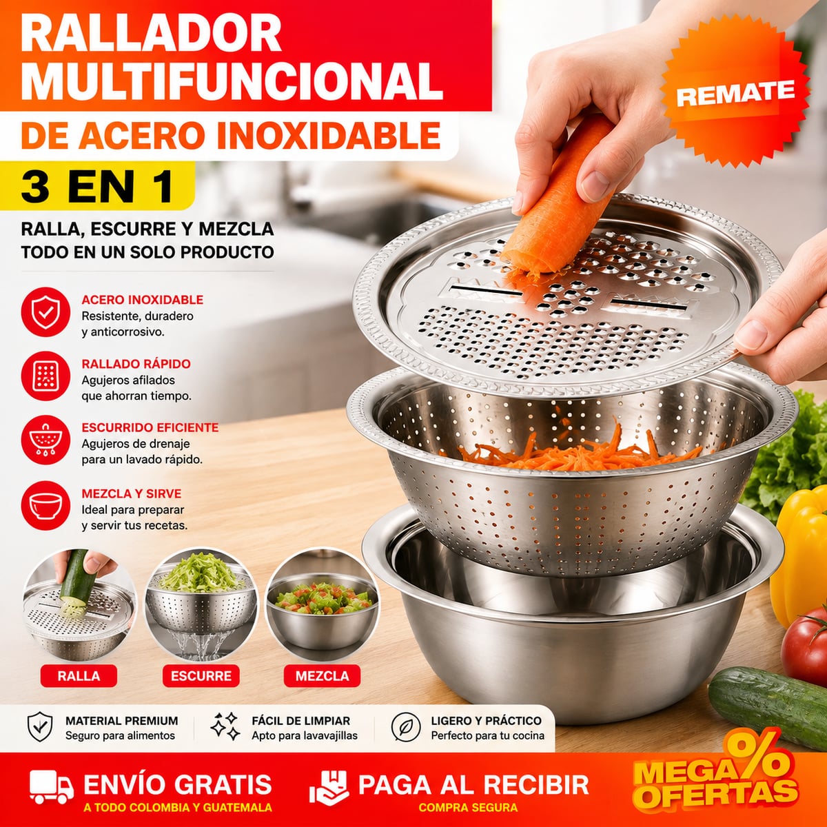 Tazón Rallador 3 en 1 Acero Inoxidable